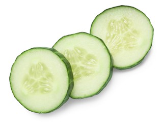 Slices of fresh cucumber isolated on white, top view