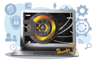 Image of Digital inheritance concept. Laptop with illustration of vault door on screen and golden key. Device surrounded by different icons on white background
