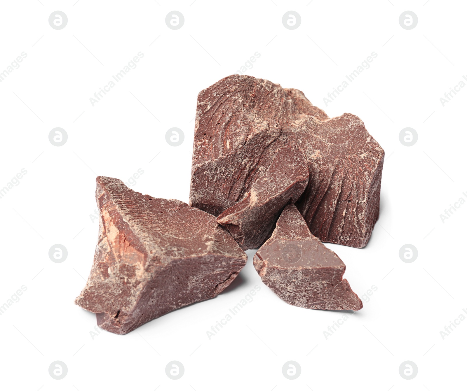 Photo of Delicious chocolate chunks on white background