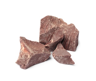 Photo of Delicious chocolate chunks on white background