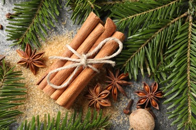 Photo of Different spices and fir branches on table, flat lay
