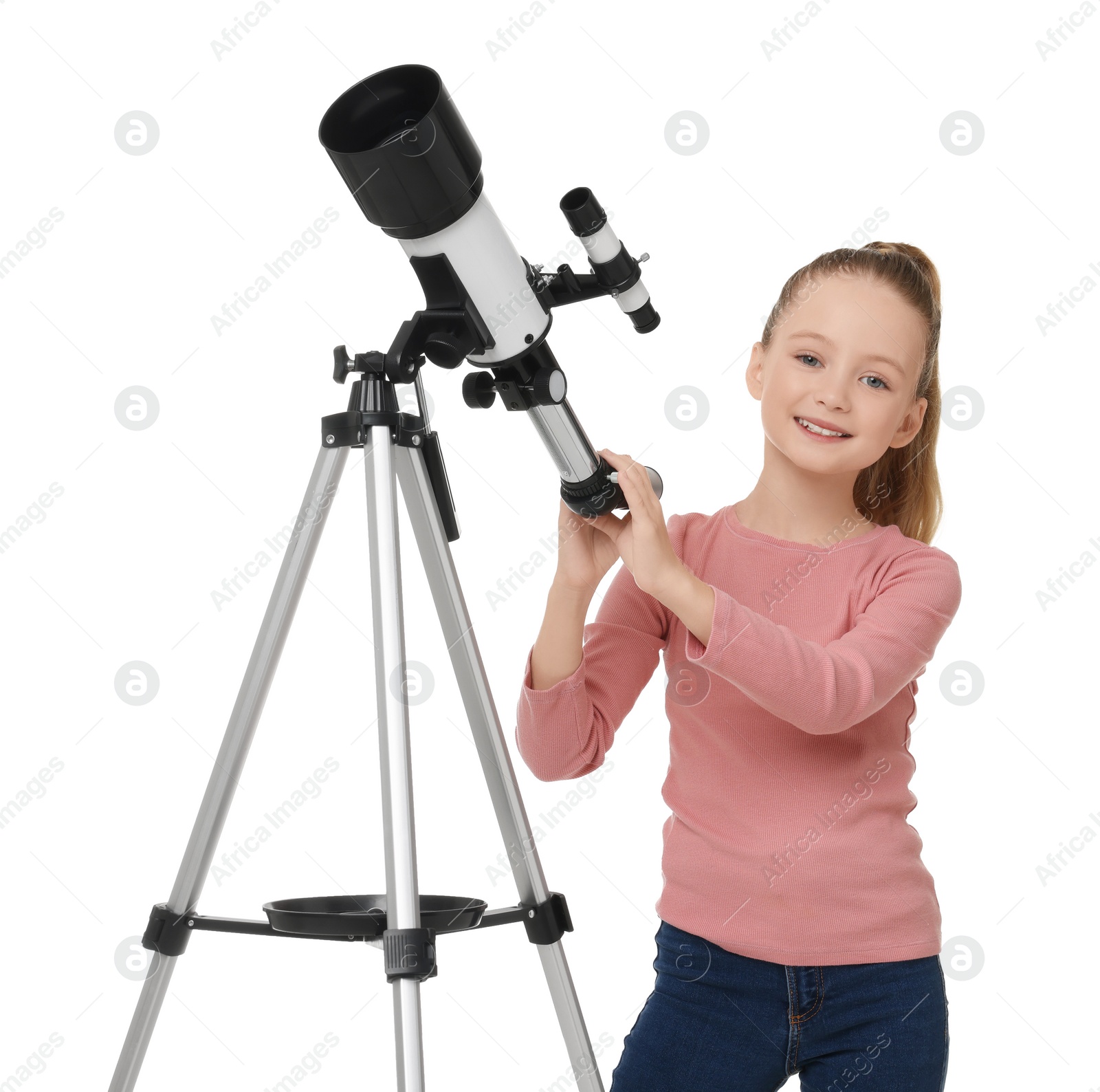 Photo of Happy little girl with telescope on white background