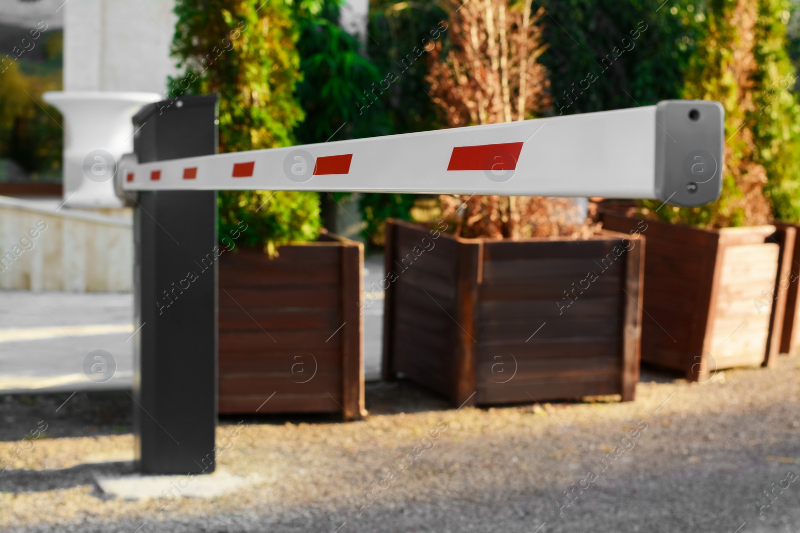 Photo of Closed boom barrier on sunny day outdoors, closeup