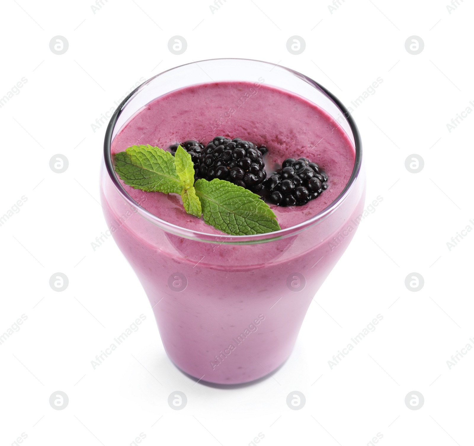 Photo of Delicious blackberry smoothie in glass on white background