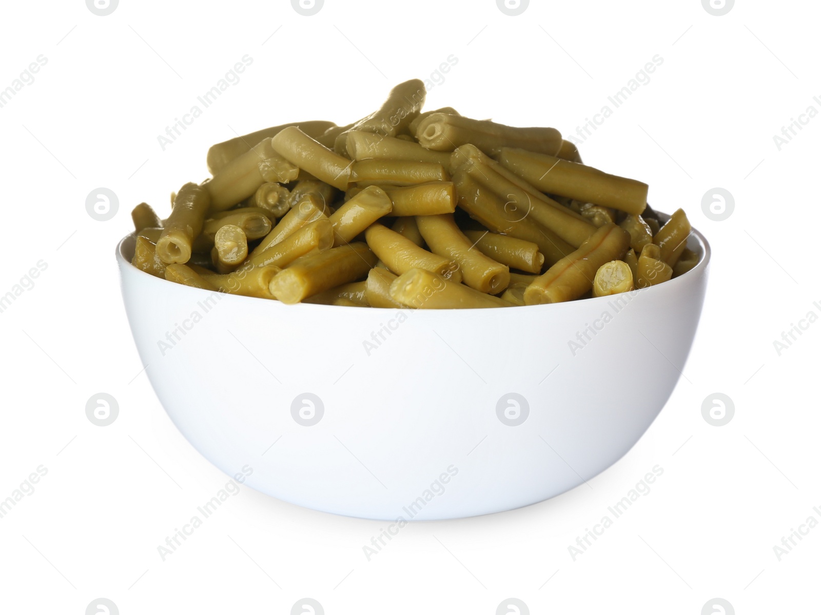 Photo of Canned green beans in bowl isolated on white
