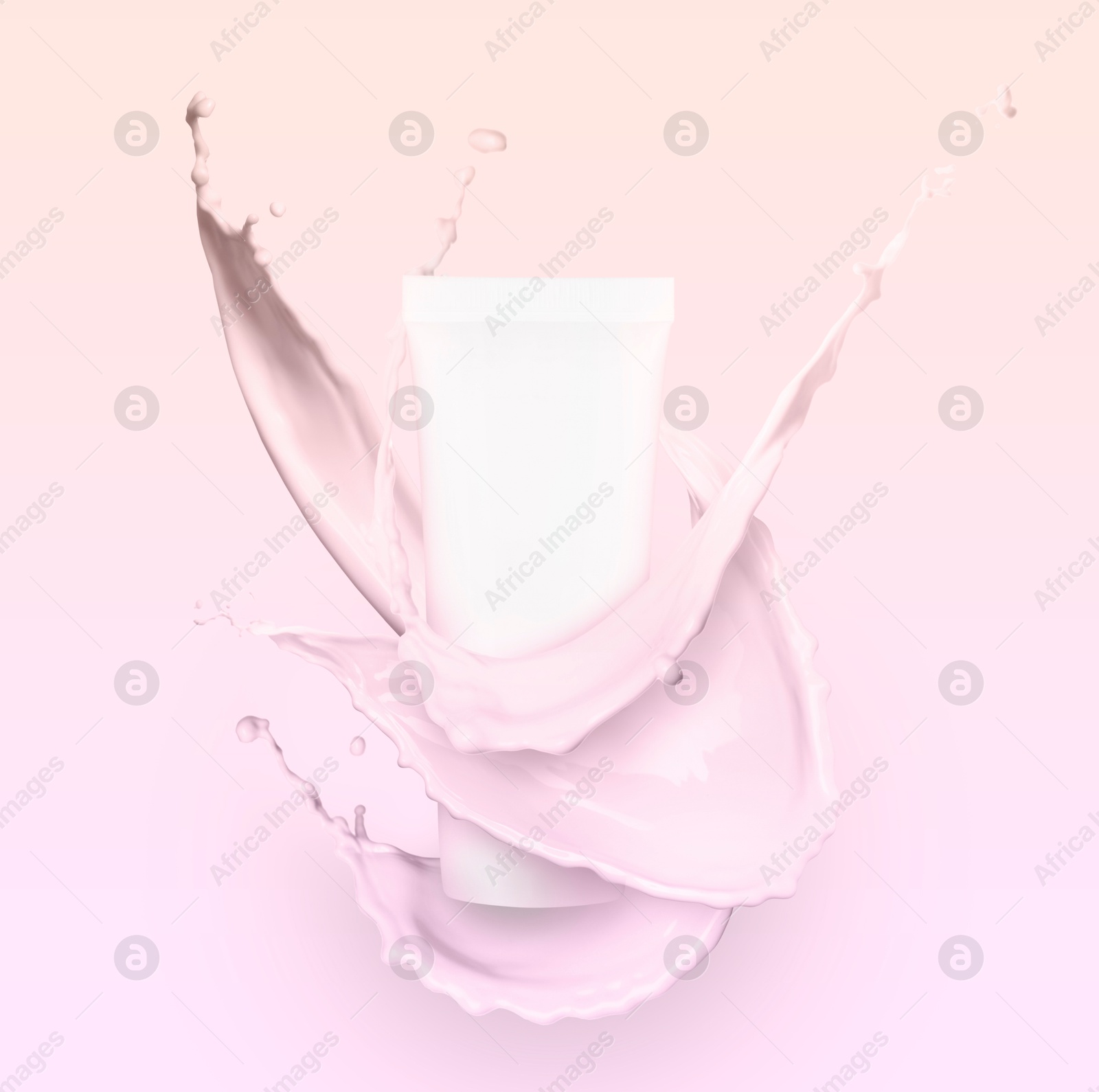 Image of Splashes of cosmetic product and tube with space for design on pink gradient background