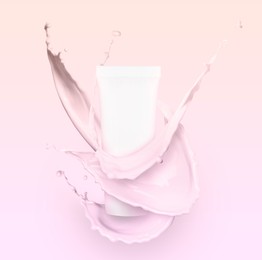 Splashes of cosmetic product and tube with space for design on pink gradient background