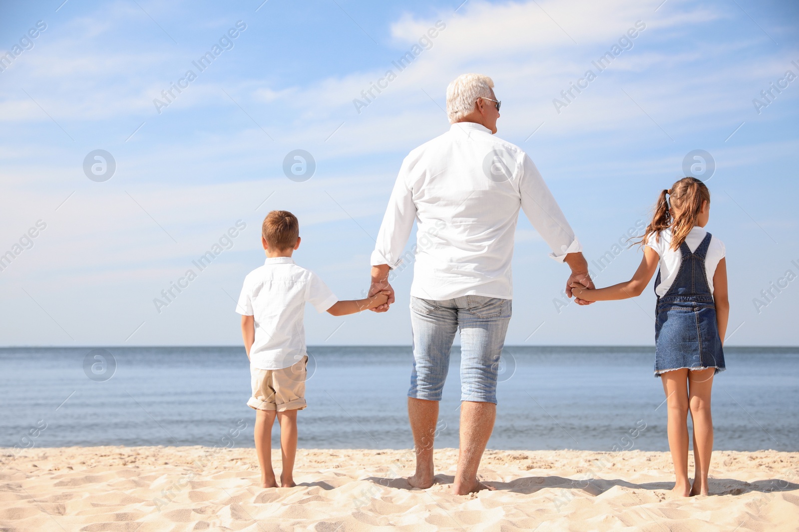 Photo of Cute little children with grandfather spending time together on sea beach, back view