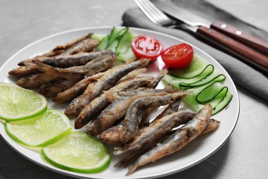 Photo of Plate with delicious fried anchovies, lime, cucumber and tomato on grey table, closeup