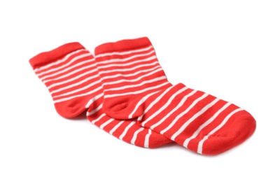 Pair of cute child socks on white background