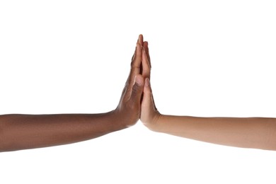 Photo of Woman and African American man giving high five on white background, closeup
