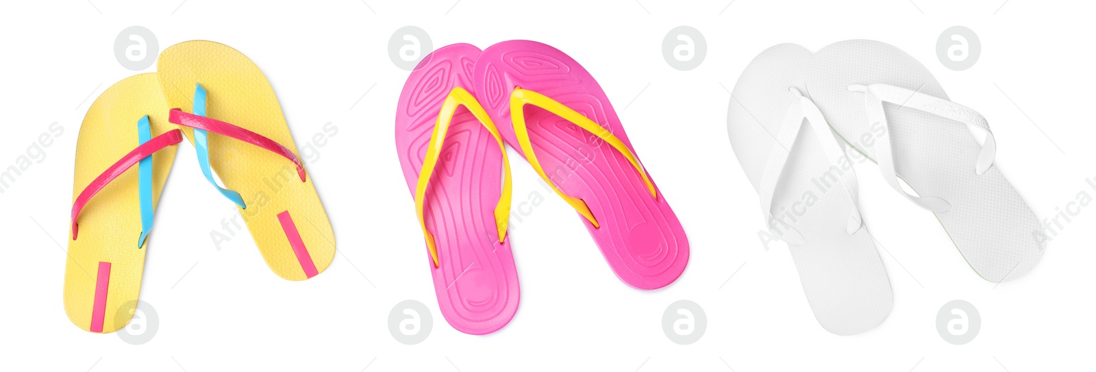 Image of Set with different flip flops on white background, top view. Banner design