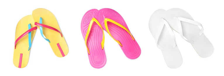 Set with different flip flops on white background, top view. Banner design