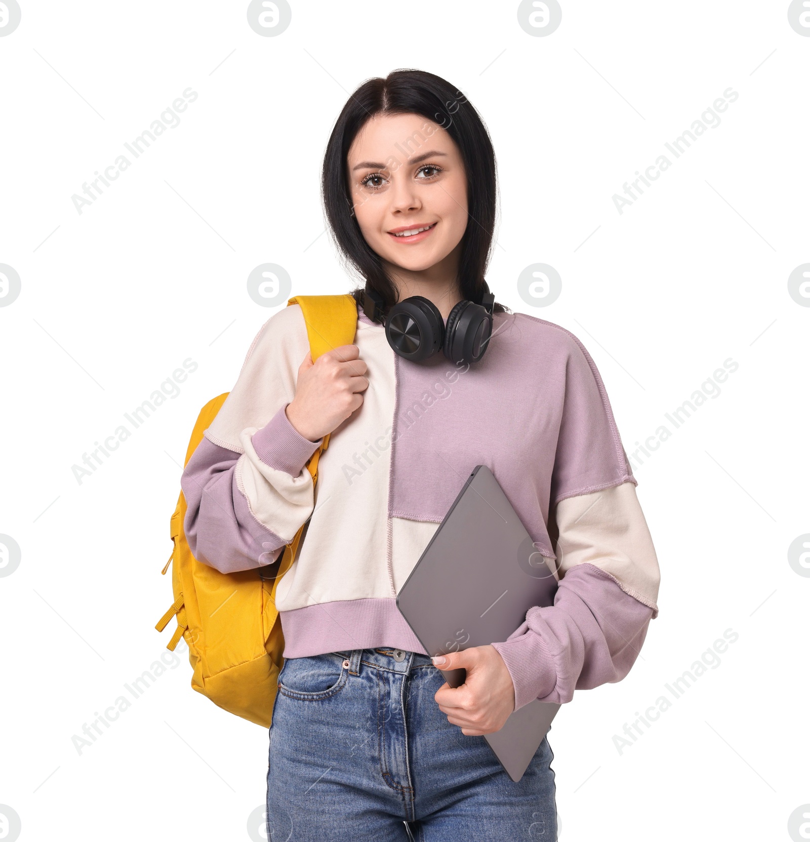 Photo of Smiling student with laptop on white background