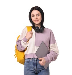 Photo of Smiling student with laptop on white background
