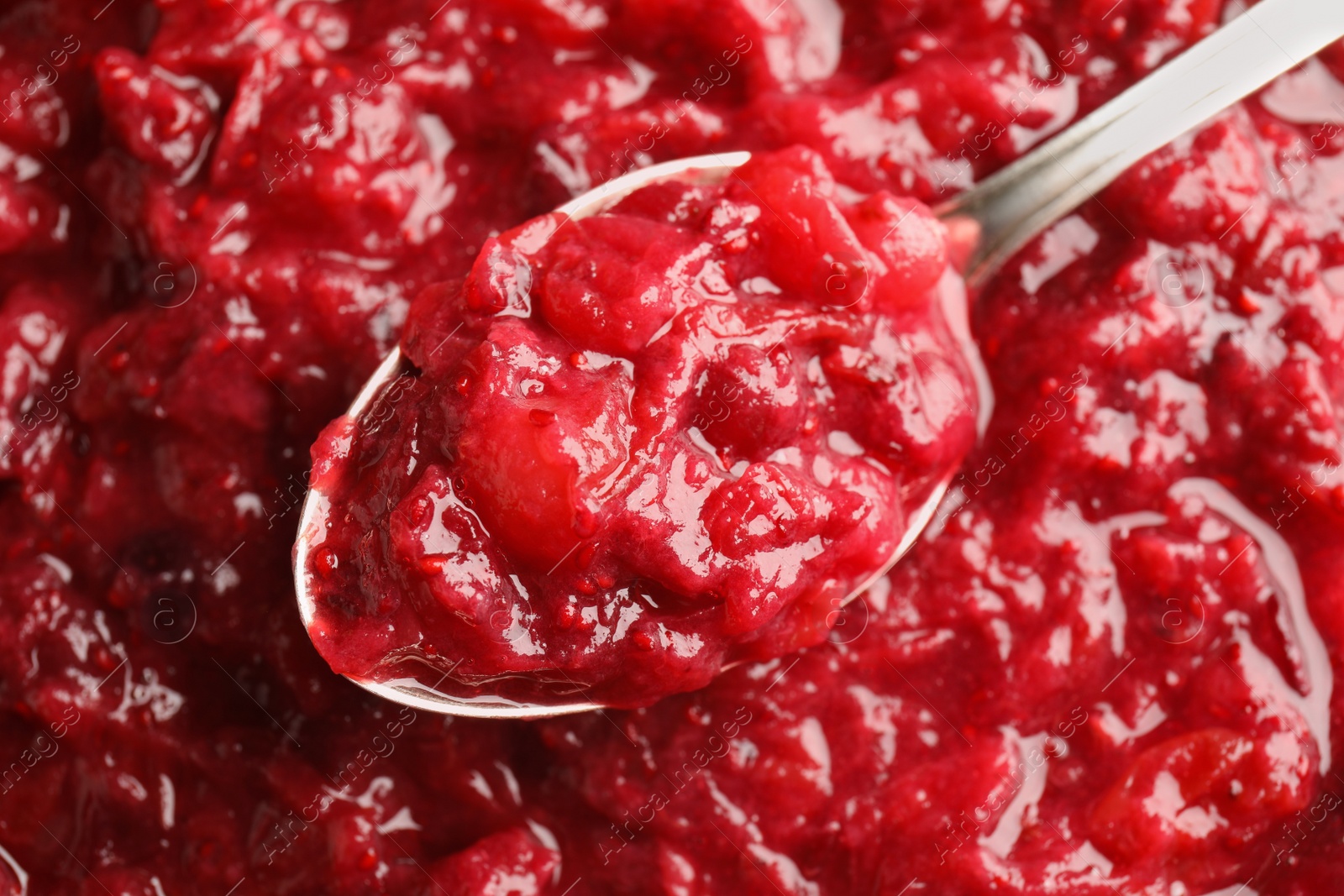 Photo of Spoon and tasty cranberry sauce, top view