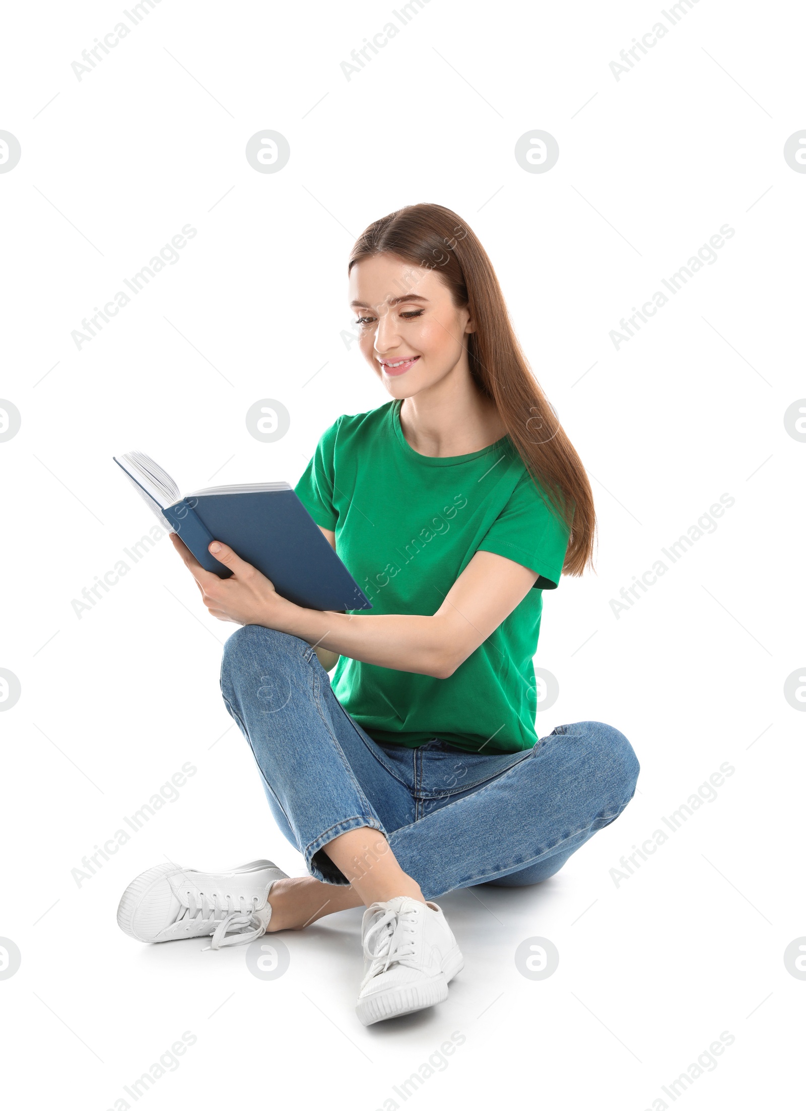 Photo of Young woman reading book on white background