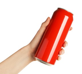 Woman holding red aluminum can on white background, closeup