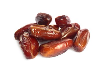 Photo of Tasty sweet dried dates on white background
