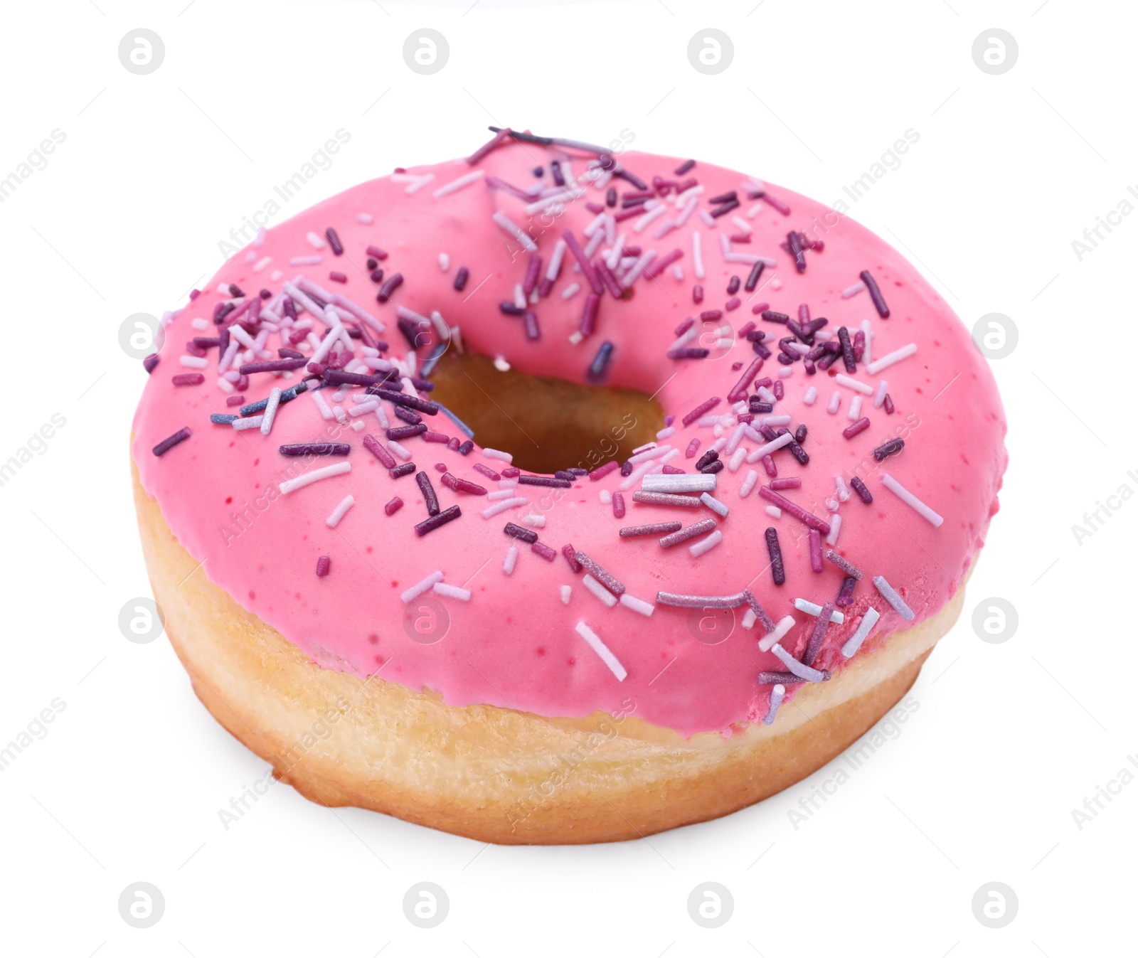 Photo of Glazed donut decorated with sprinkles isolated on white. Tasty confectionery