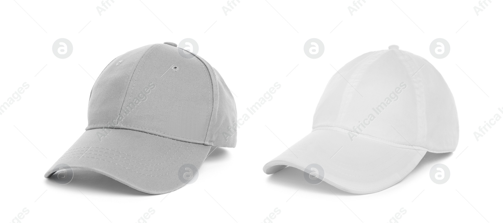 Image of Different baseball caps on white background, collage. Mock up for design