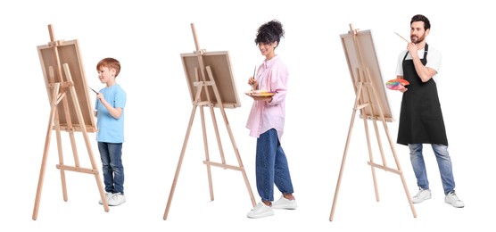 Image of Collage with photos of painters near easels on white background