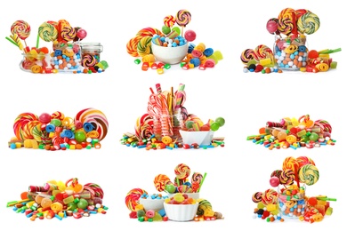 Set of different delicious candies on white background