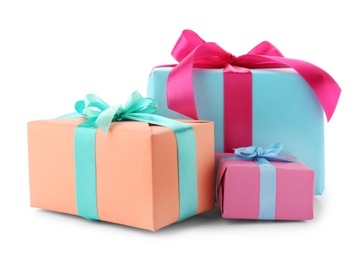 Photo of Beautiful gift boxes with ribbons on white background