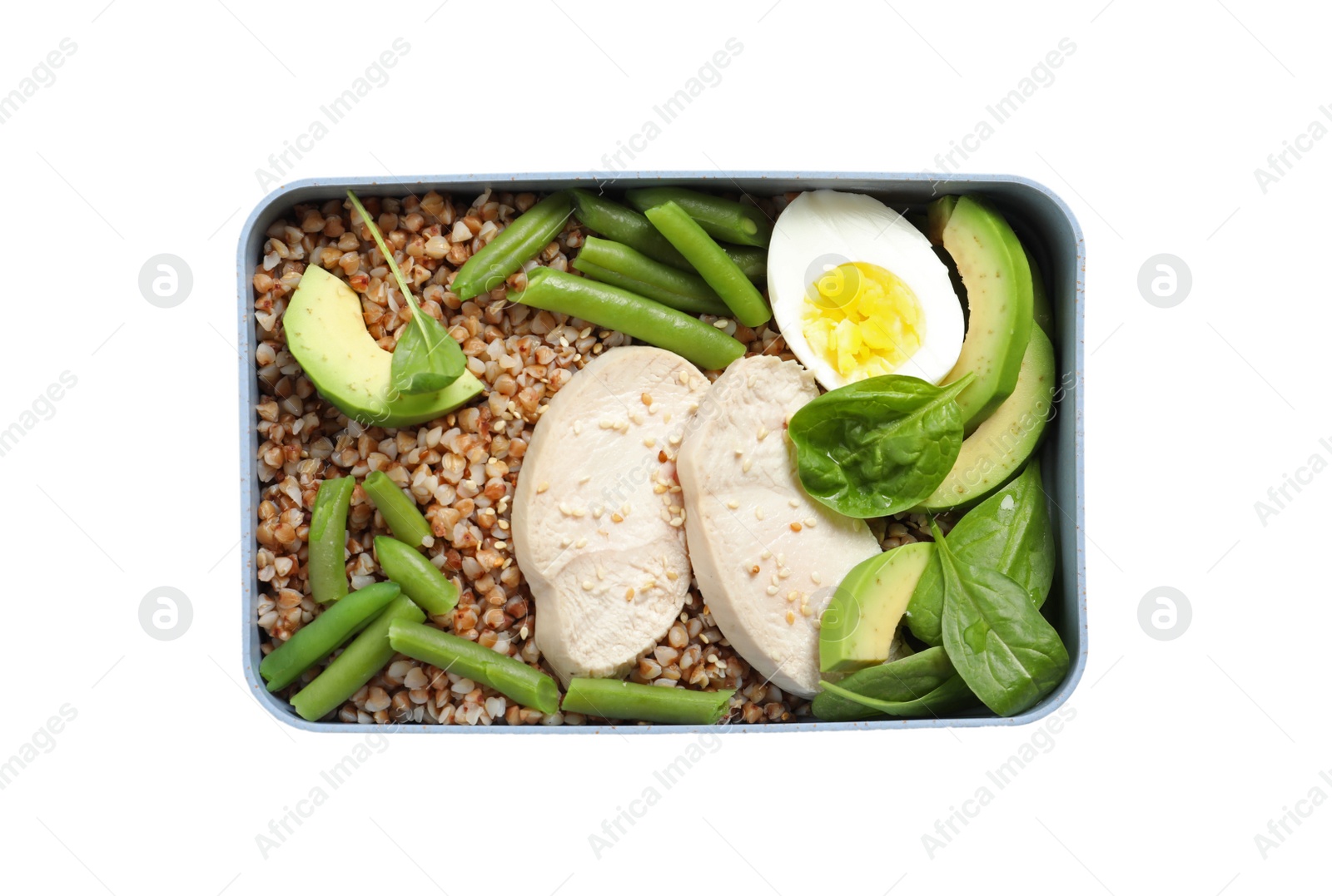 Photo of Container with natural protein food on white background, top view