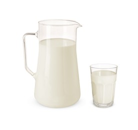 Glass and jug with milk isolated on white