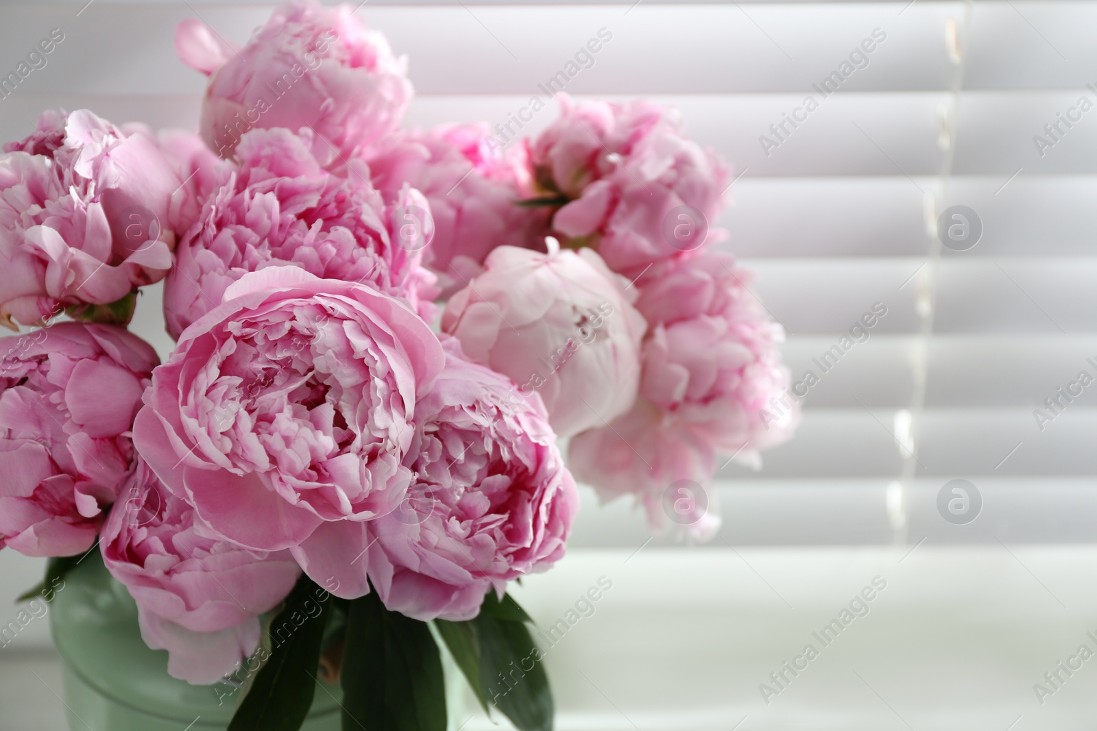 Photo of Bouquet of beautiful peonies near window, closeup
