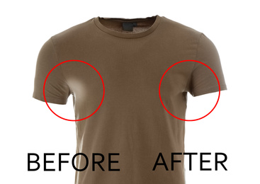Image of T-shirt before and after using deodorant on white background