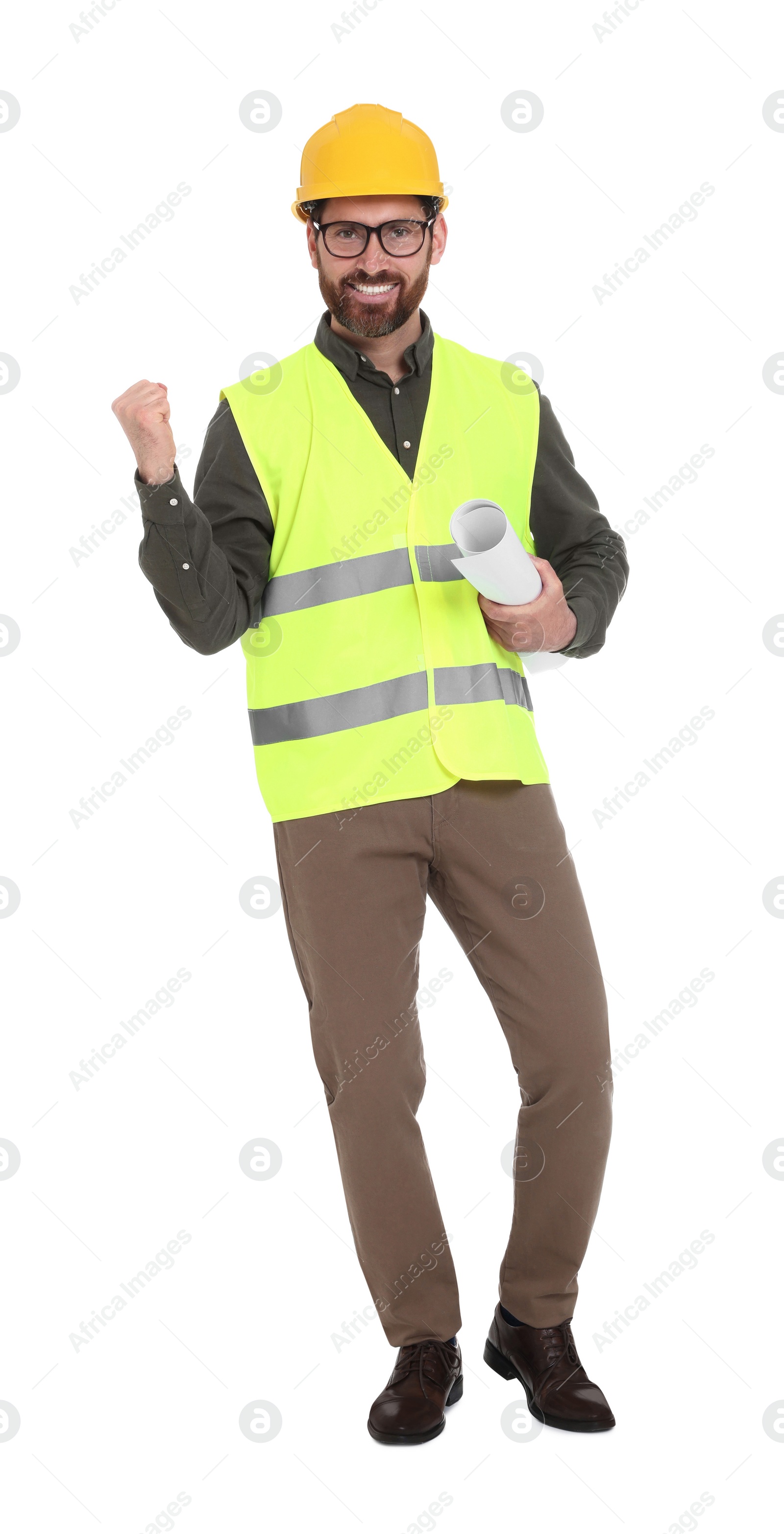 Photo of Architect in hard hat with draft on white background