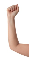 Playing rock, paper and scissors. Woman showing fist on white background, closeup