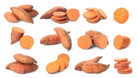 Image of Set with fresh sweet potatoes on white background 