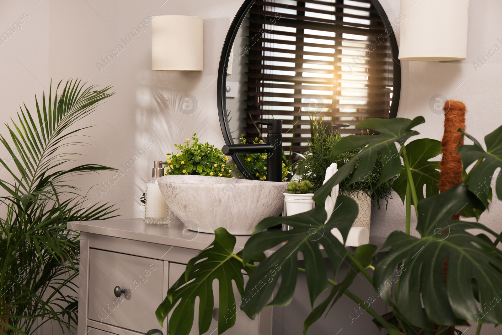 Photo of Stylish sink and beautiful green houseplants in bathroom. Interior design