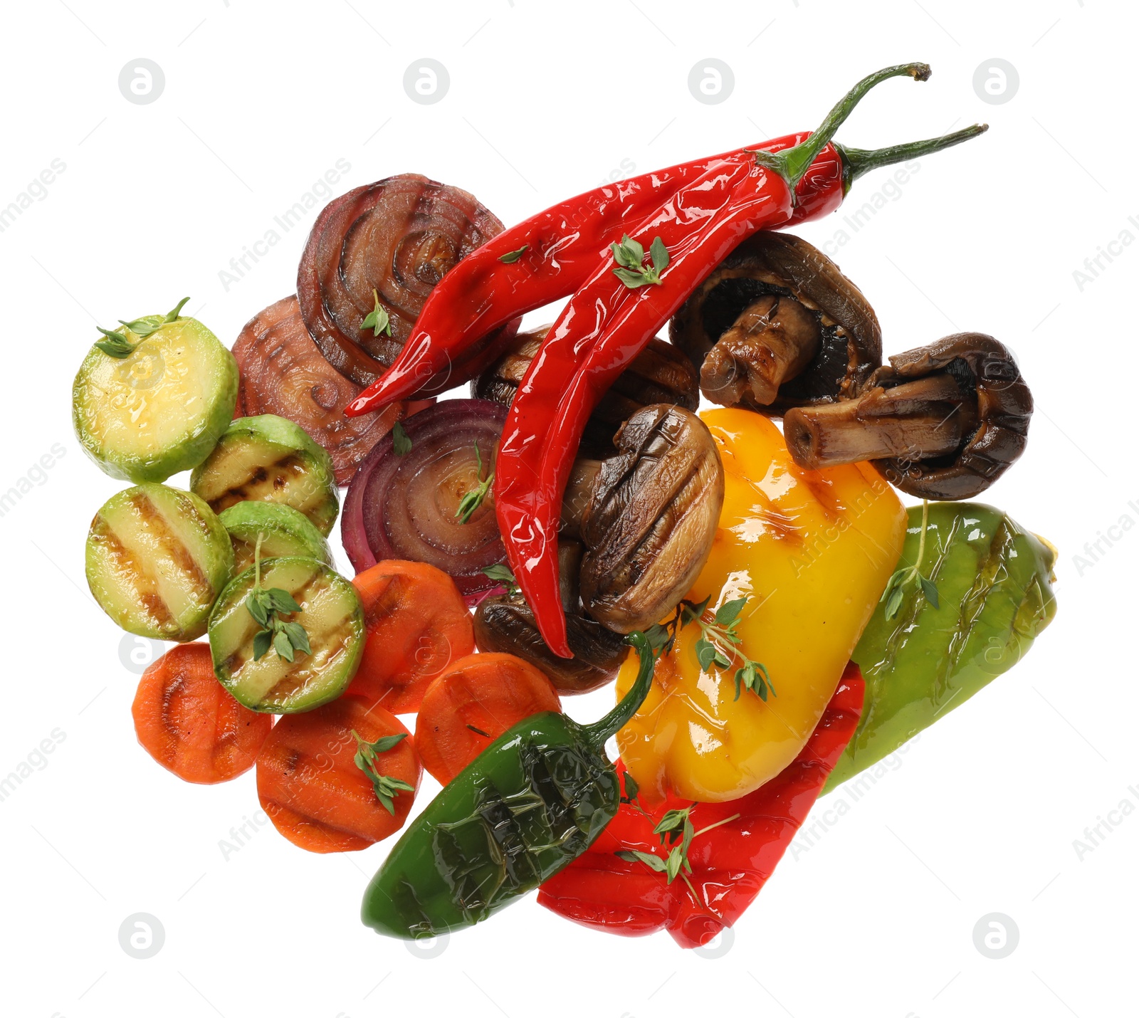 Photo of Different delicious grilled vegetables on white background, top view