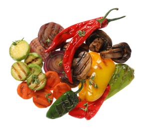 Different delicious grilled vegetables on white background, top view