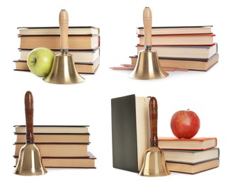 Image of Set with school bells and books on white background