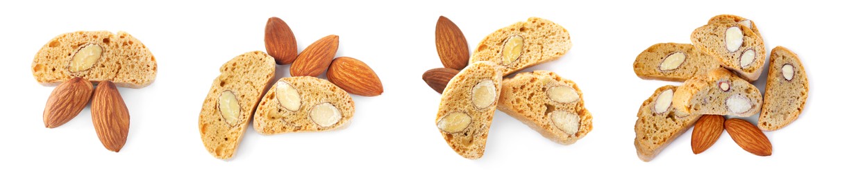 Image of Set with different tasty cantucci on white background, top view. Traditional Italian almond biscuits