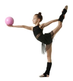 Photo of Cute little gymnast with ball doing standing split on white background