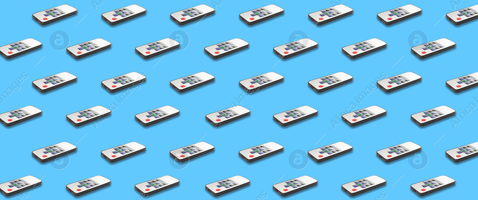 Image of Remote controller pattern on light blue background. Collage design