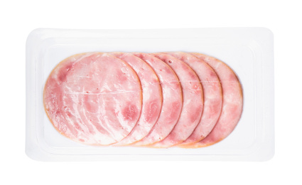 Photo of Slices of tasty ham on white background, top view
