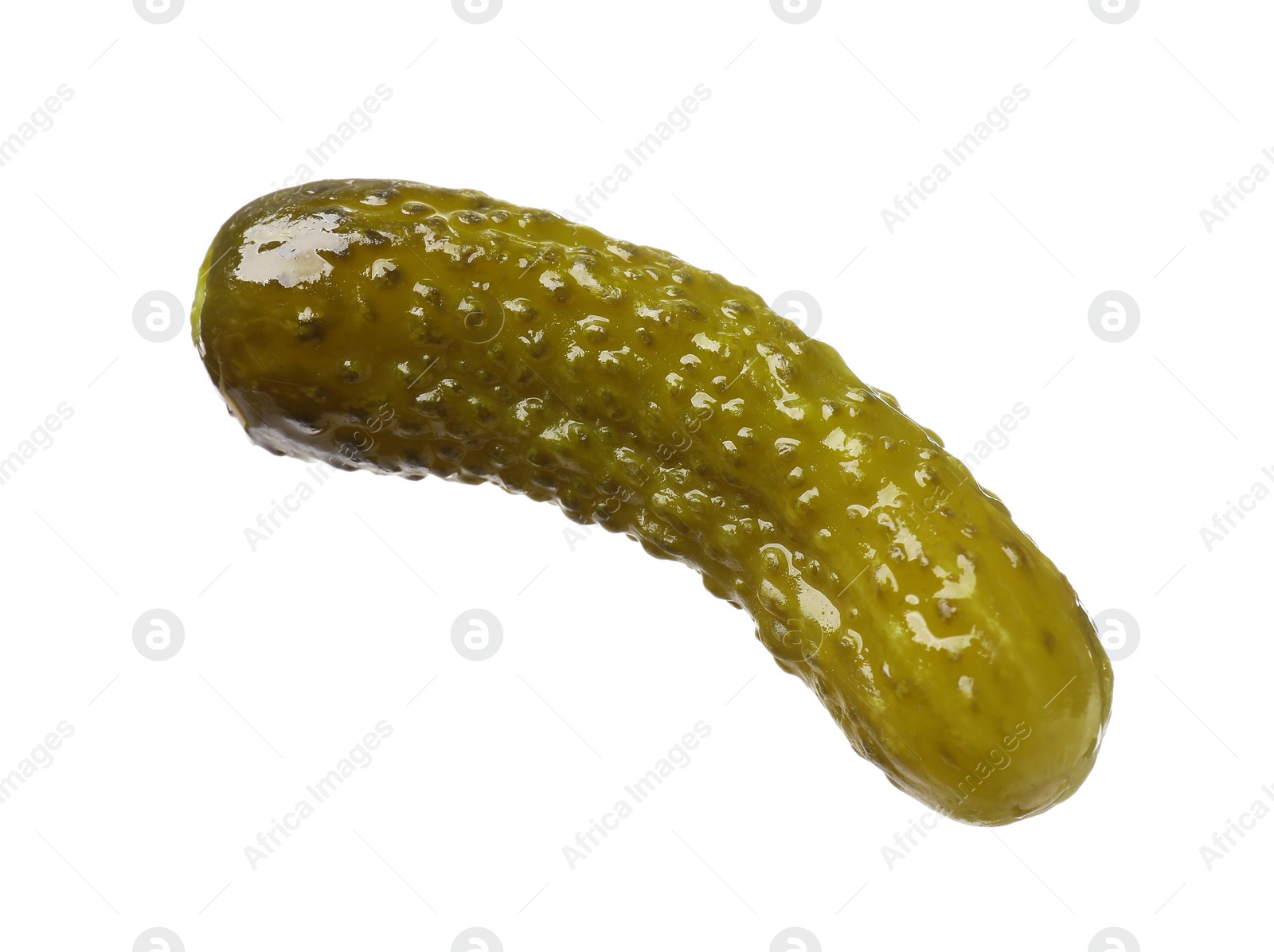 Photo of One tasty pickled cucumber isolated on white