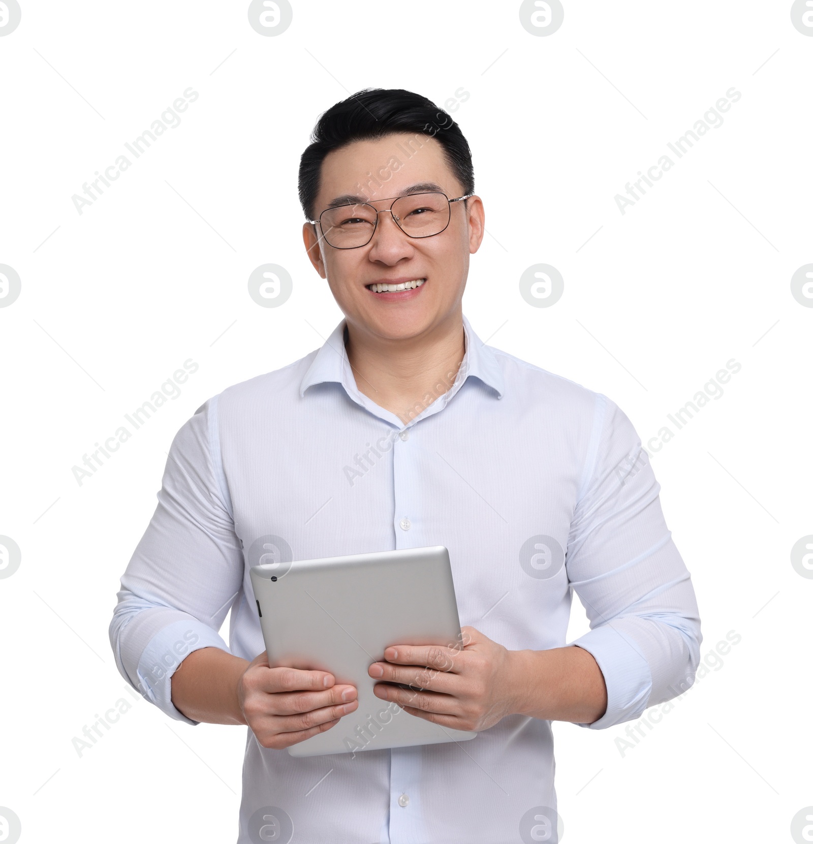 Photo of Businessman in formal clothes with tablet on white background