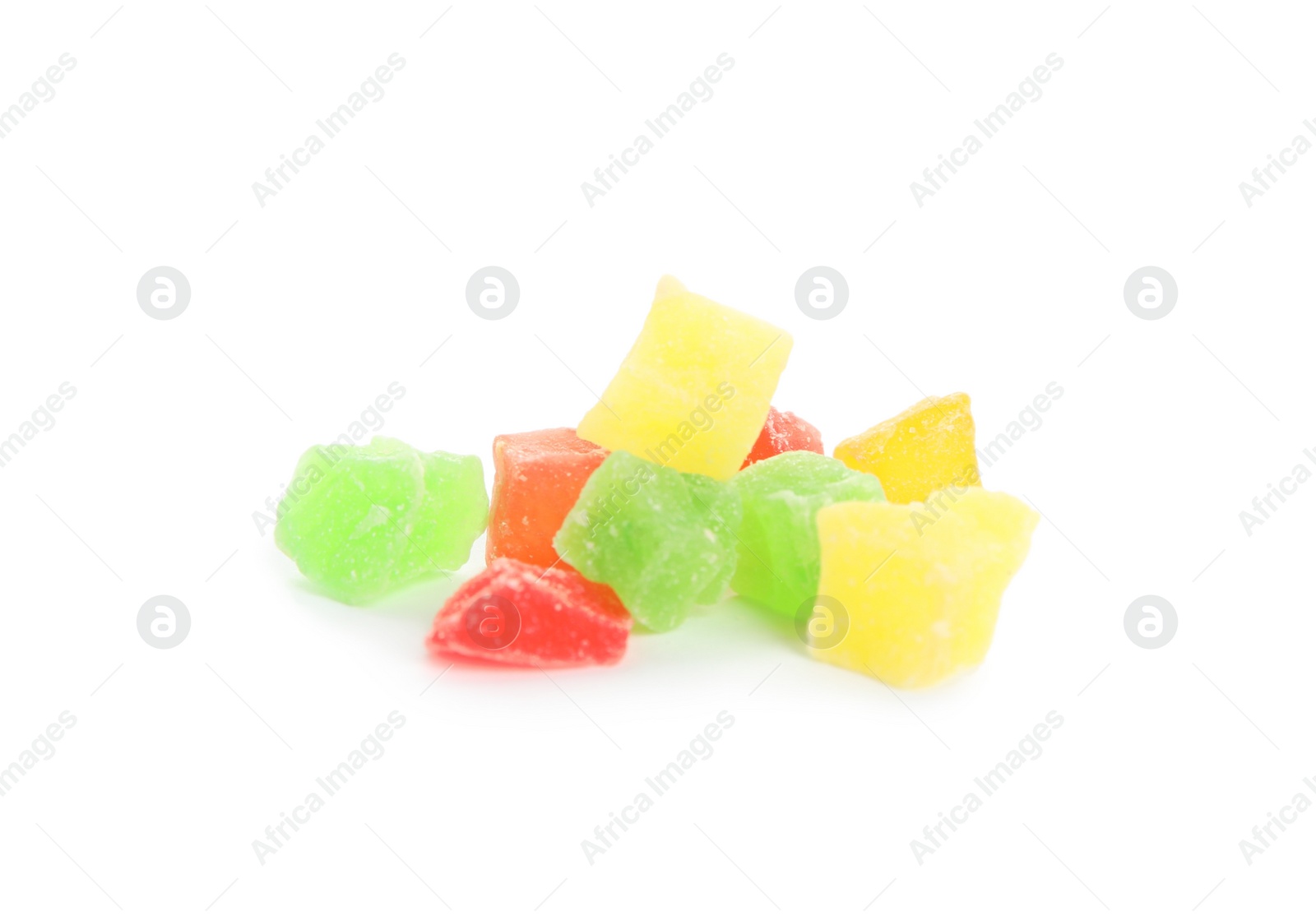 Photo of Delicious candied fruit pieces on white background