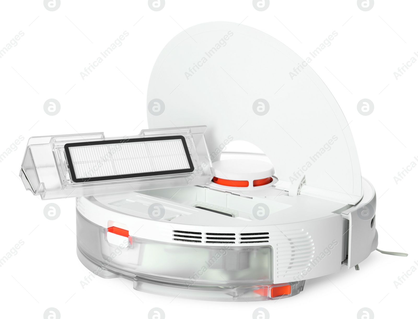 Photo of Open robotic vacuum cleaner with garbage container isolated on white