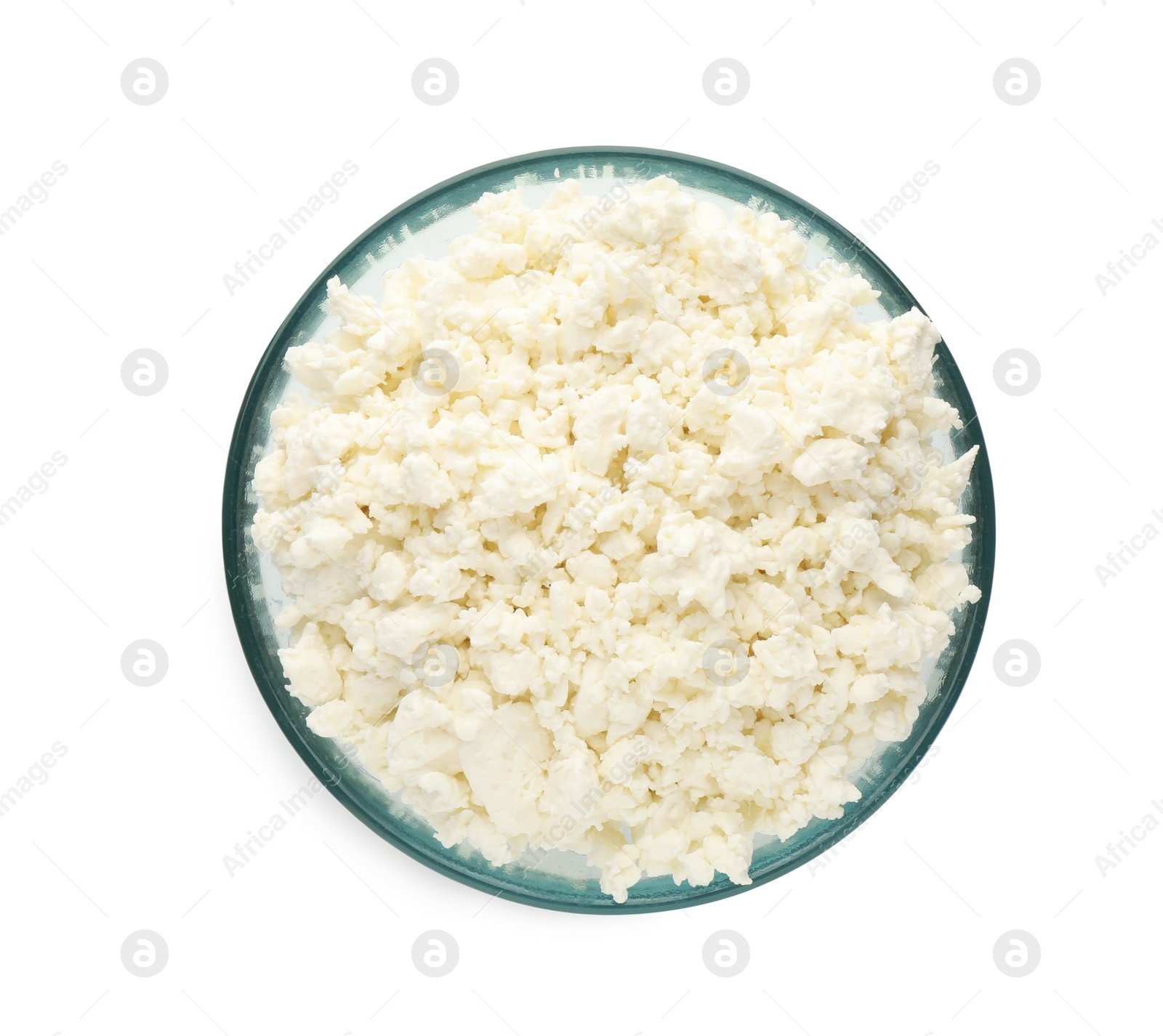 Photo of Delicious fresh cottage cheese in bowl isolated on white, top view