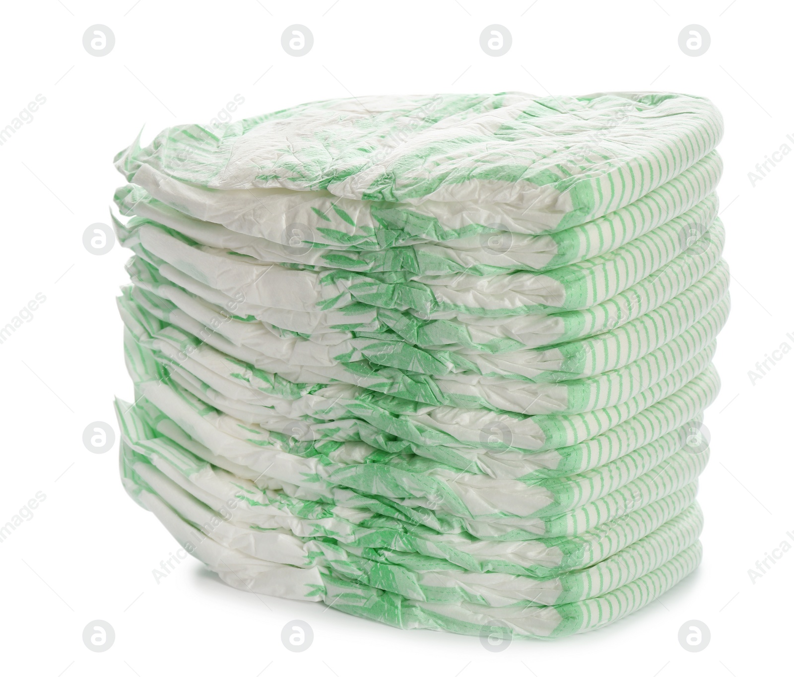 Photo of Stack of disposable diapers on white background. Baby accessories