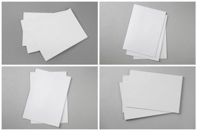 Open blank brochures on grey background, top view. Collage